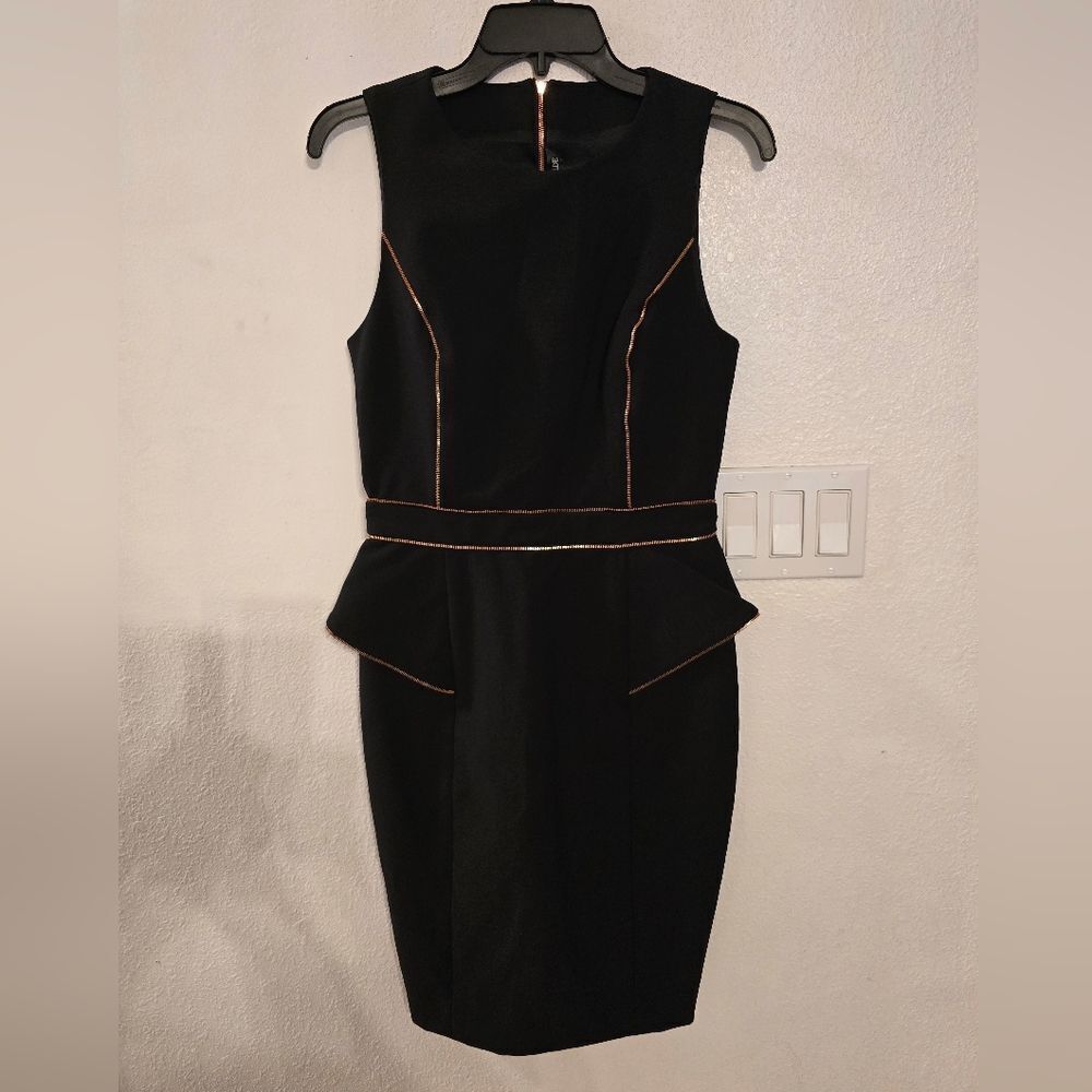 Thomas Wylde black sleeveless peplum sheath dress with rose gold trim Size 4